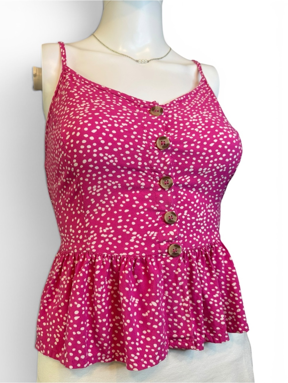 Joyana Fuchsia Speckled Peplum Cami Top | Size M | Rayon Blouse